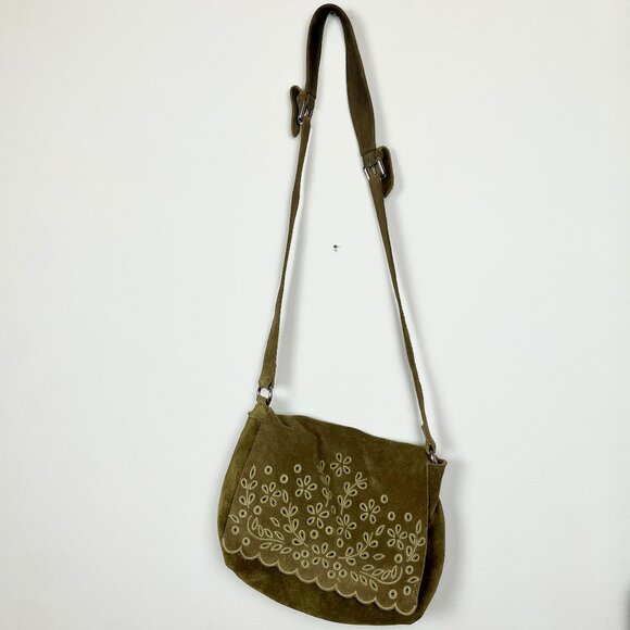 Zara Suede Floral Embroidered Crossbody Bag Olive - Picture 1 of 5